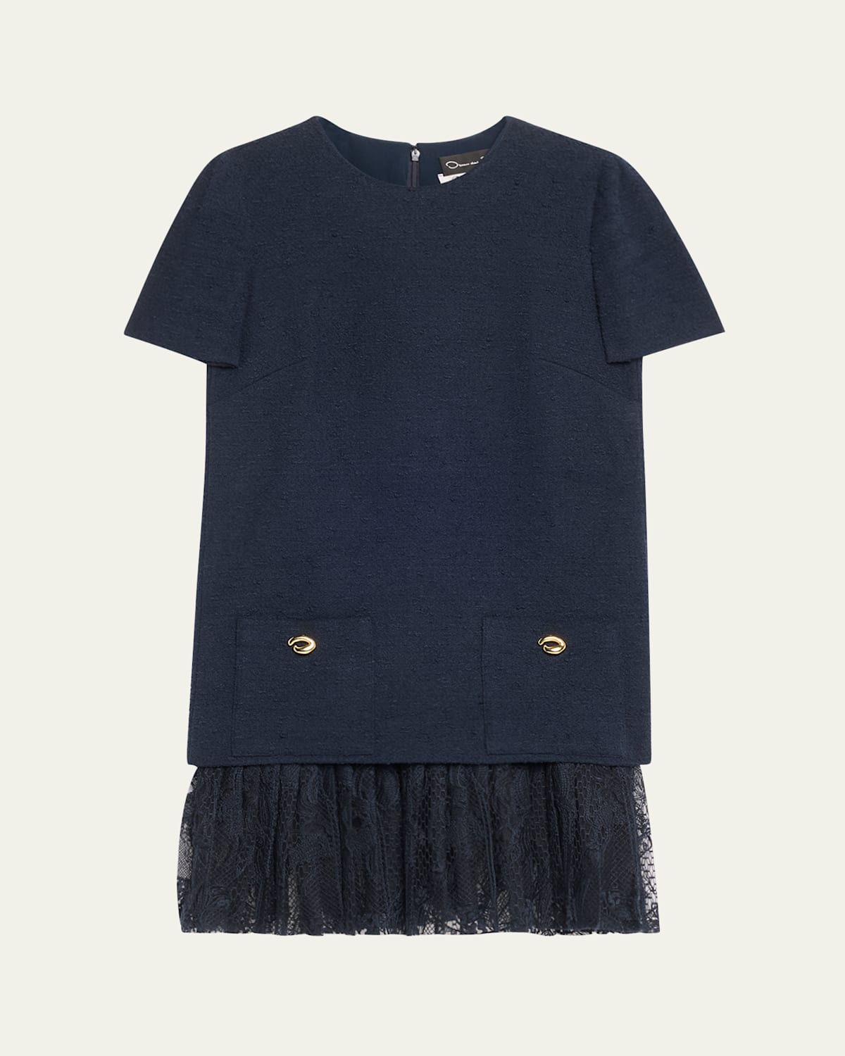 Oscar De La Renta Tweed Pleated Lace Mini Dress In Navy
