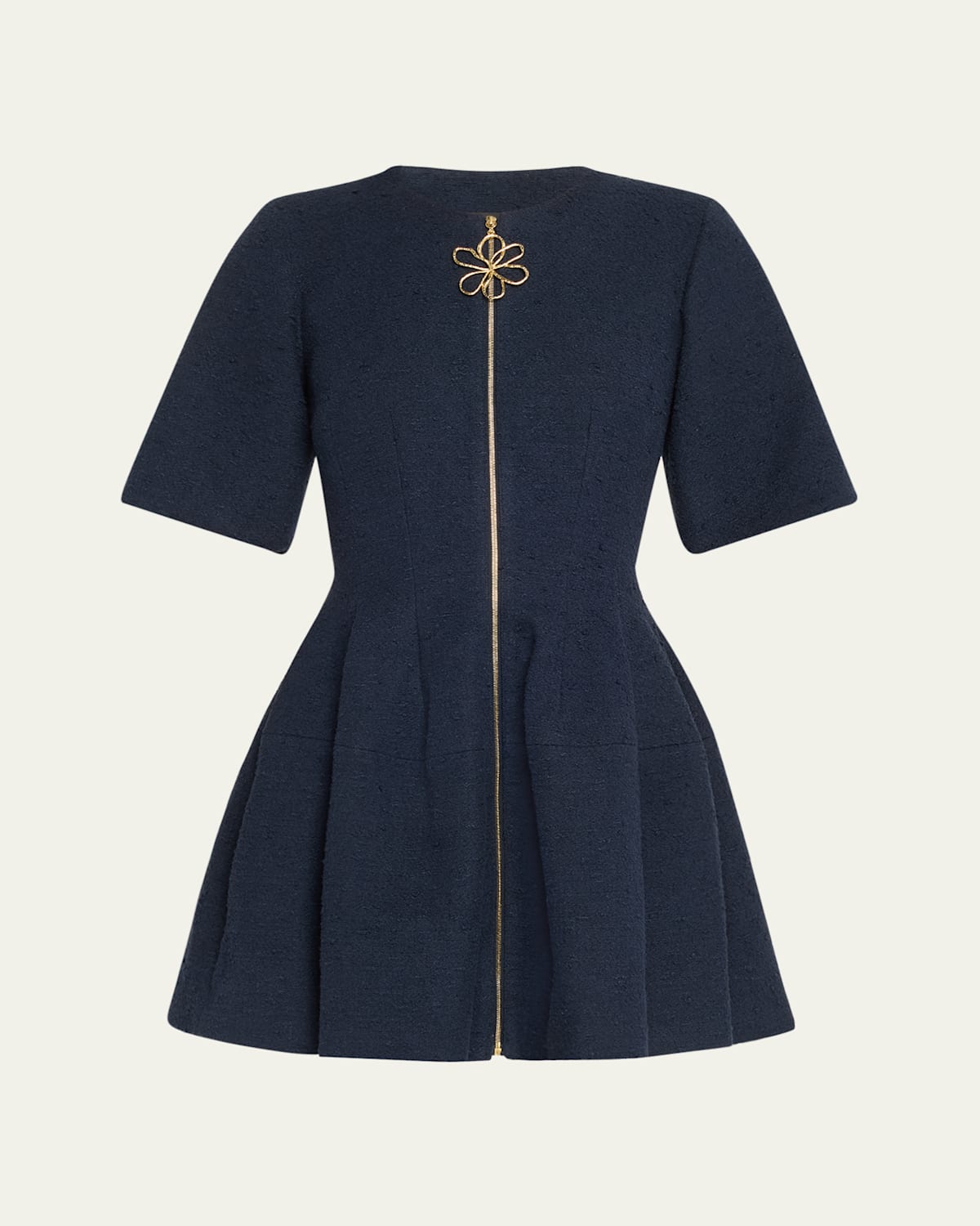 Oscar De La Renta Short Sleeve  Zip Front Cotton Wool Tweed Dress In Navy