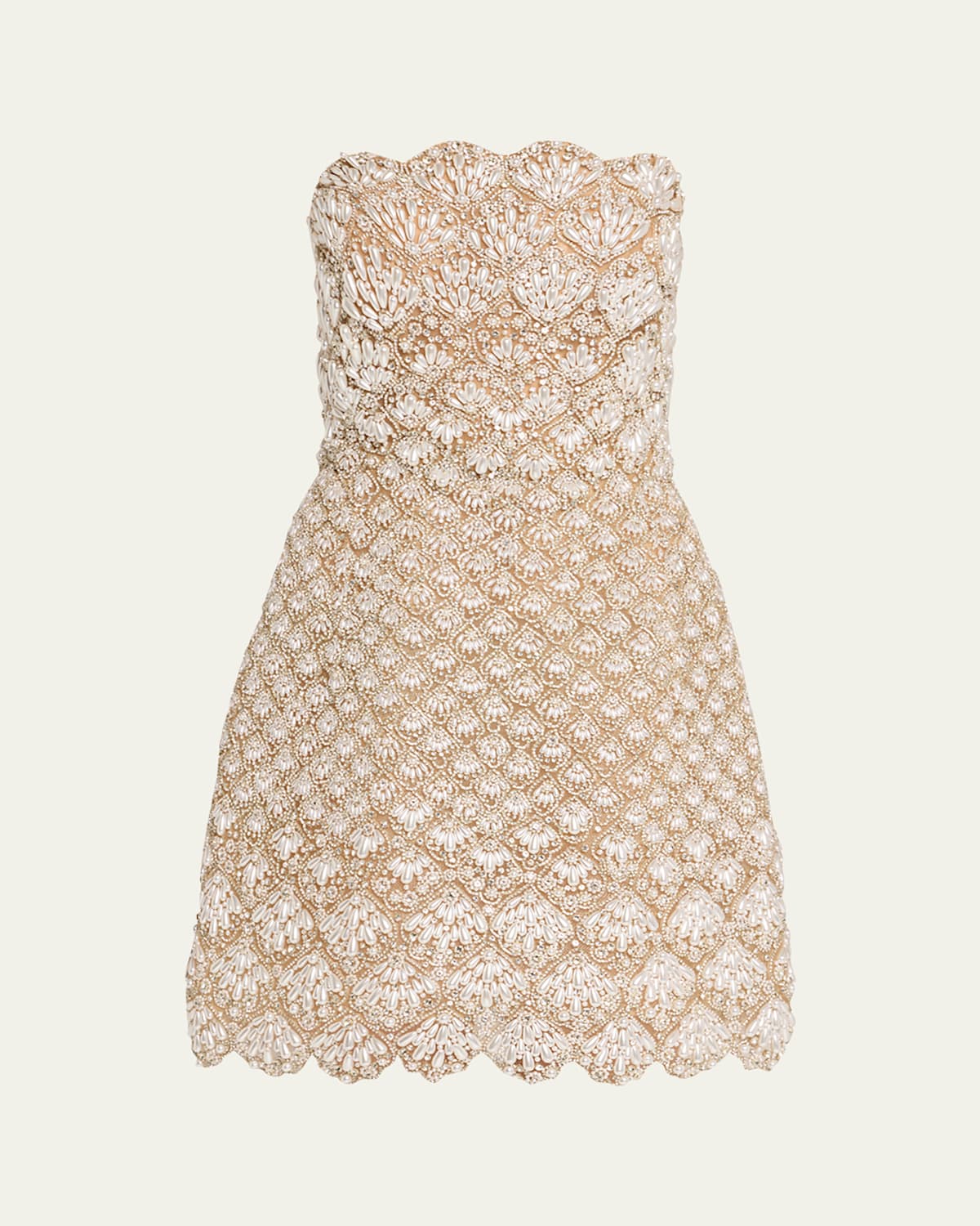 Oscar De La Renta Pearly Scallop Strapless Mini Cocktail Dress In Pearl