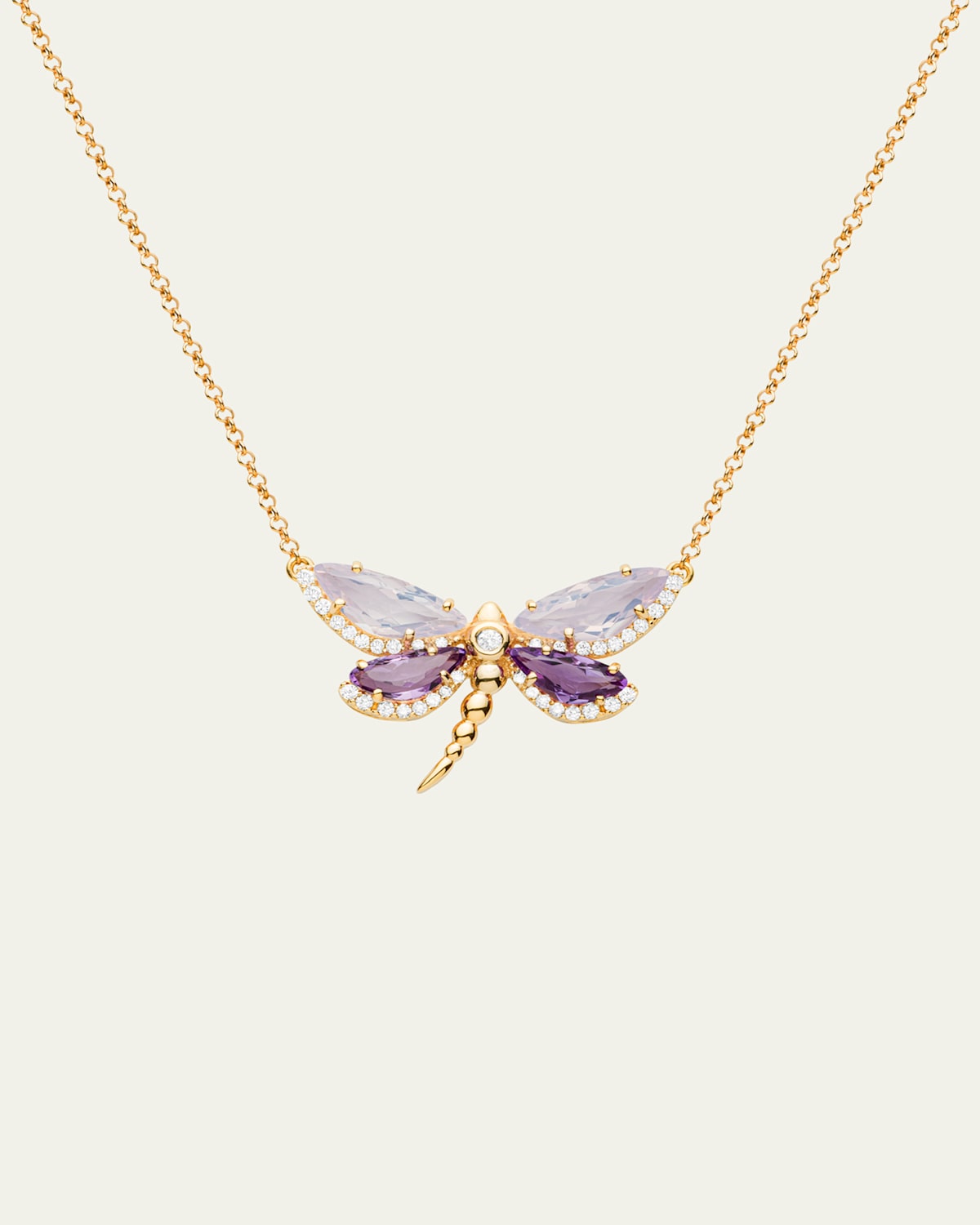 18K Rose Gold Medium Dragonfly Necklace with Opalose Quartz, Amethyst and Diamonds