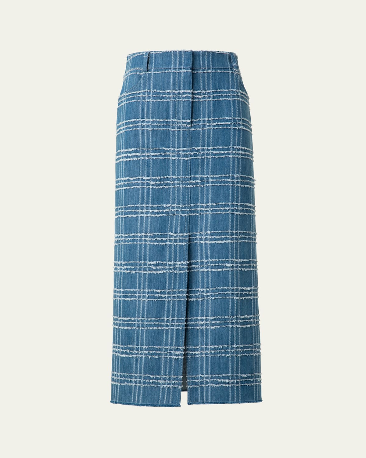 Fringed Check Denim Midi Skirt