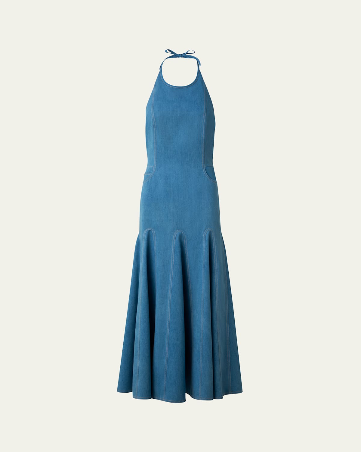 Mixed-Media Halter Pleated Midi Dress