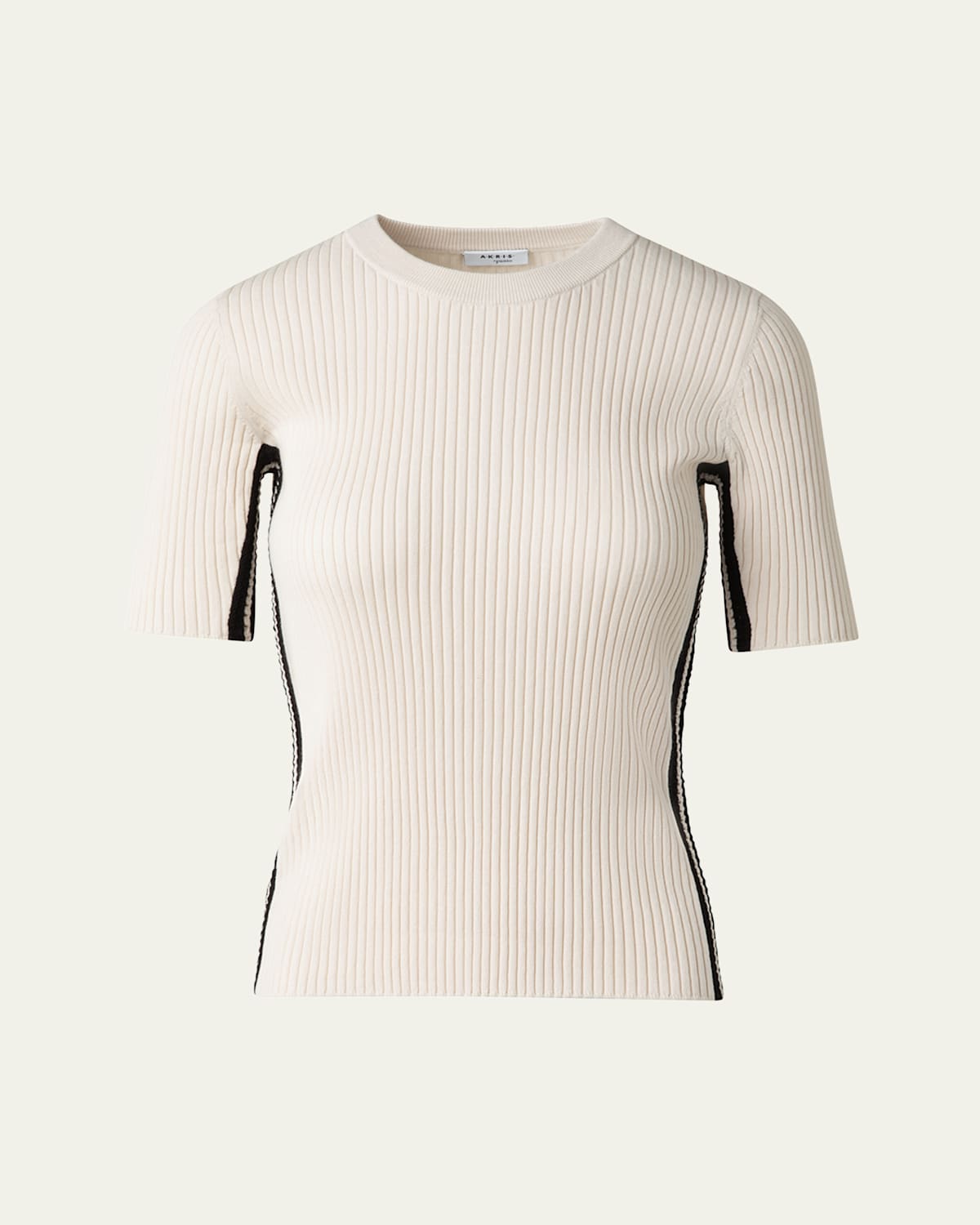 Crochet Stripe Rib Knit Short Sleeve Sweater