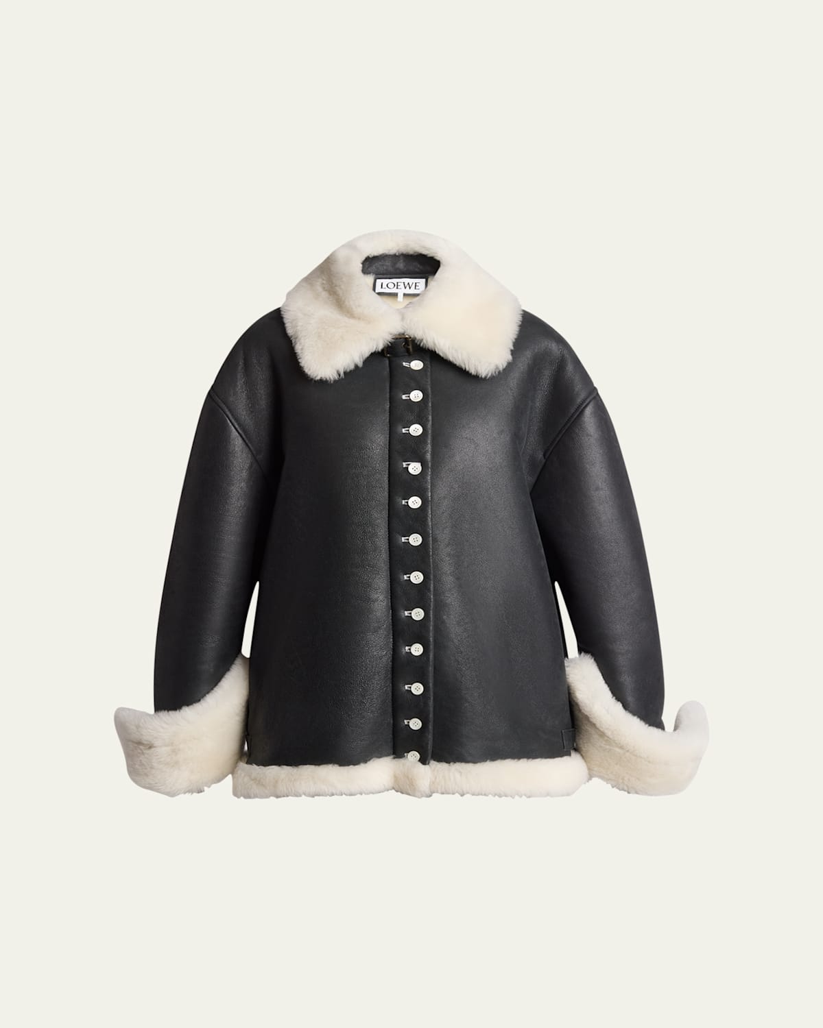 Loewe Leather Button-front Jacket With Shearling Lining In White Blac