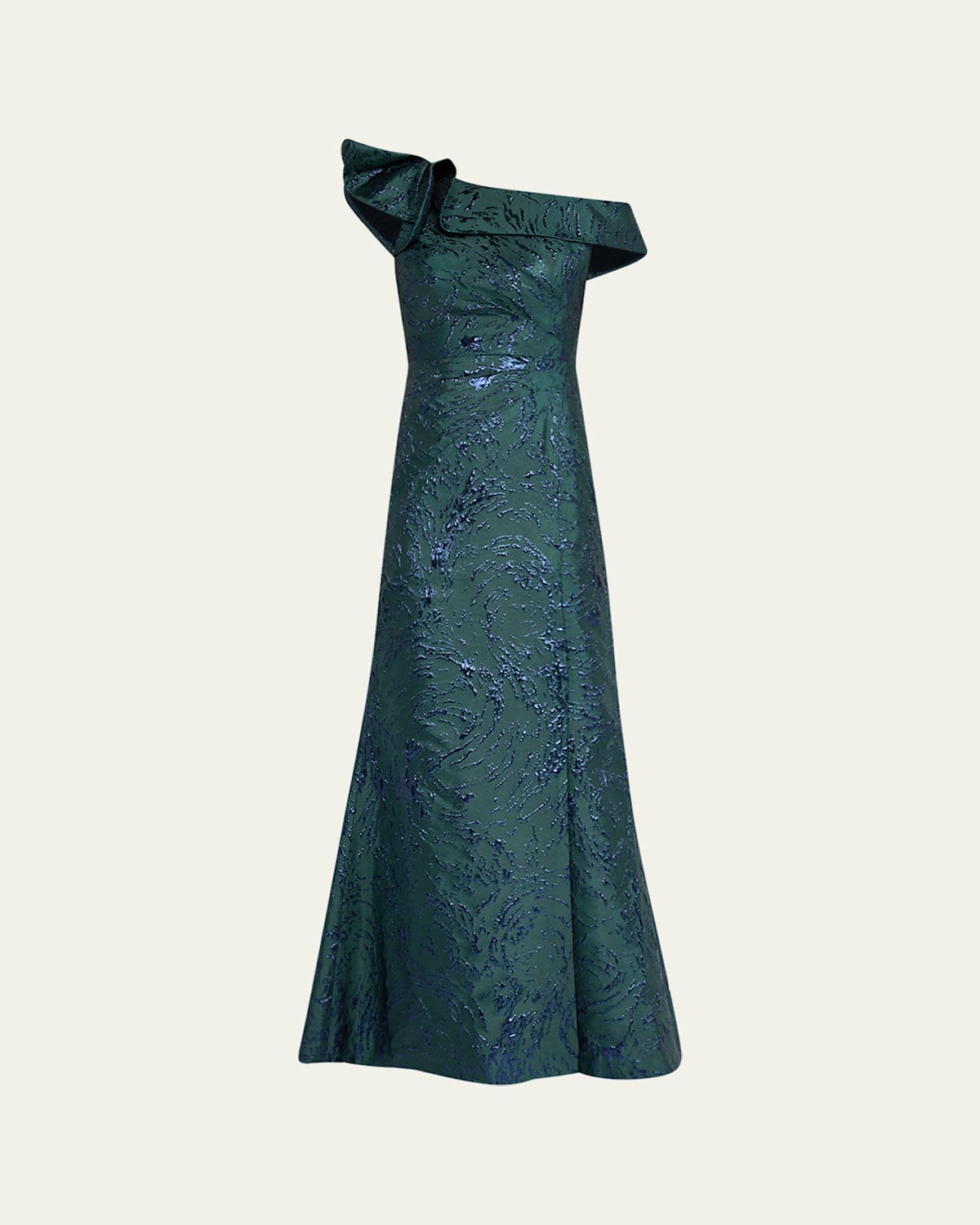 Rickie Freeman For Teri Jon One-shoulder Ruffle Jacquard Gown In Green Navy