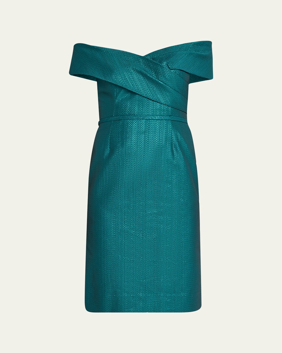 Rickie Freeman For Teri Jon Off-shoulder Metallic Jacquard Dress In Emerald