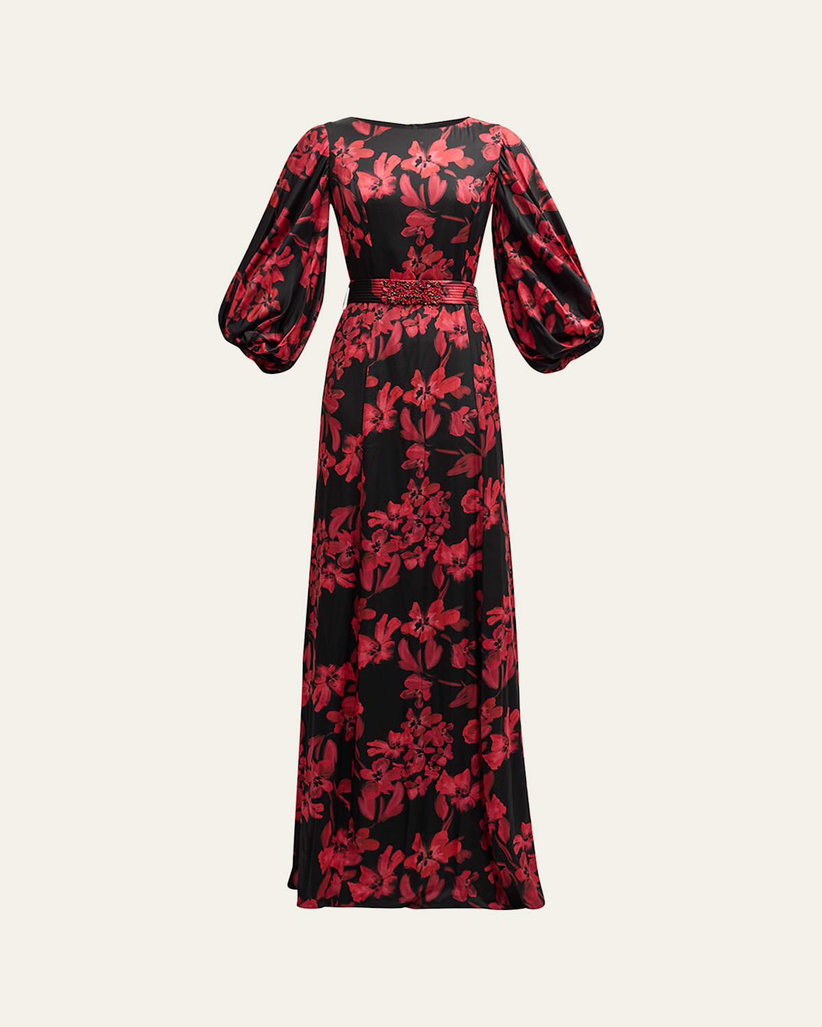 Belted Floral-Print Twill Gown