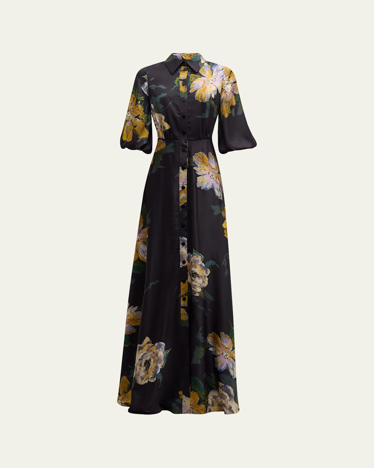 Rickie Freeman For Teri Jon Floral-print Chiffon Shirt Gown In Black Mult