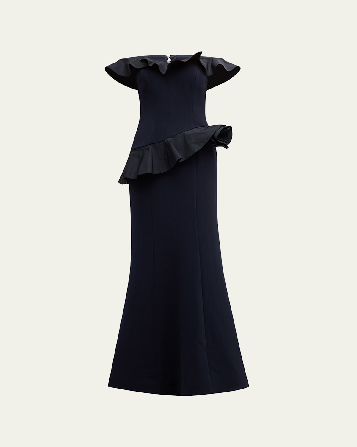 Rickie Freeman For Teri Jon Off-shoulder Ruffle Trumpet Gown In Navy