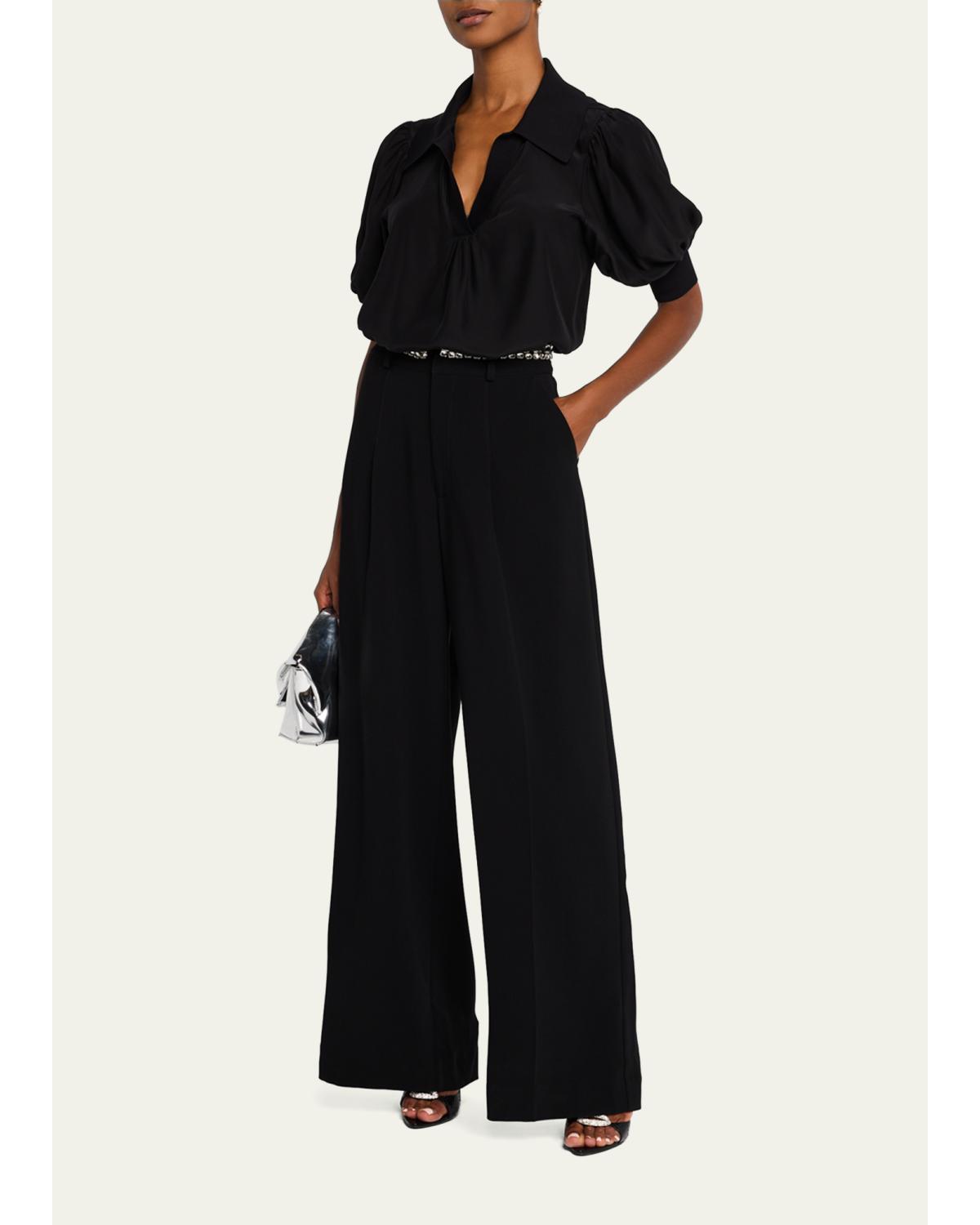 Weldon Collared V-Neck Short-Sleeve Silk Combo Top