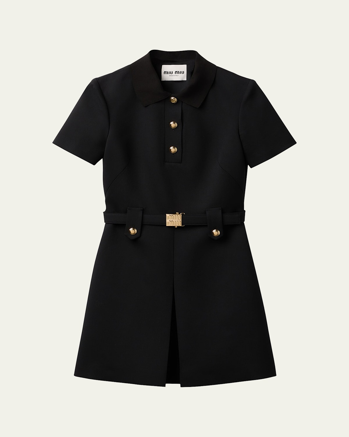 Short-Sleeve Wool Mini Dress With Belt