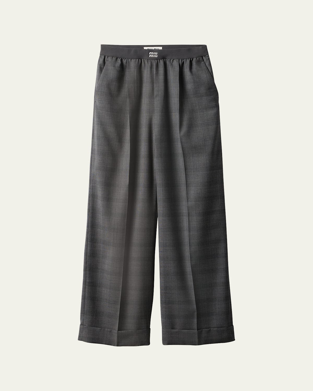 Prince of Wales Wide Leg Wool Trousers with Elastic Waistband