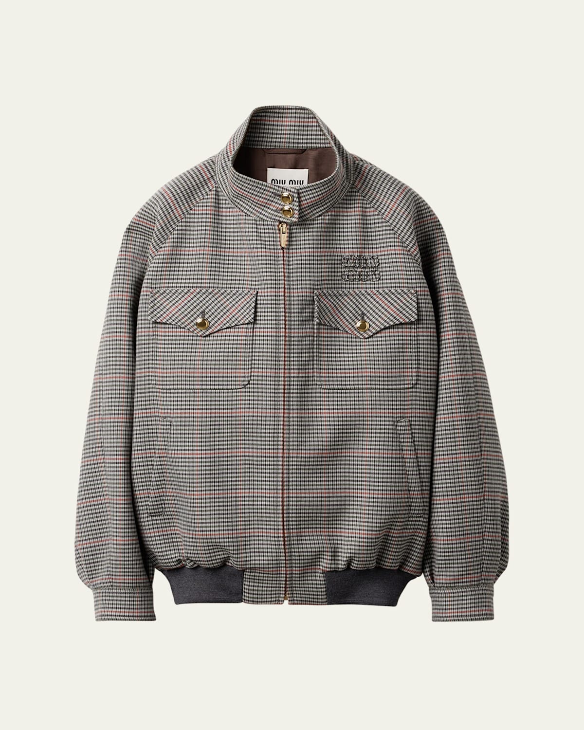Check Oversized Zip Up Wool Bomber Jacket