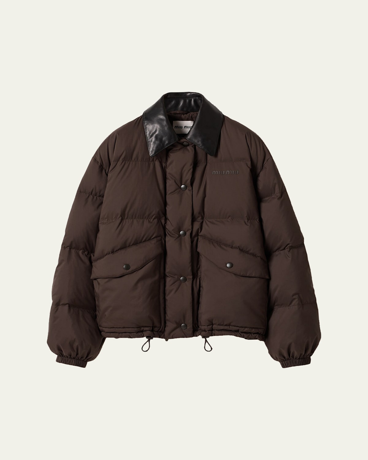 Miu Miu Printed Logo Leather Collar Oversized Down Jacket In Brown