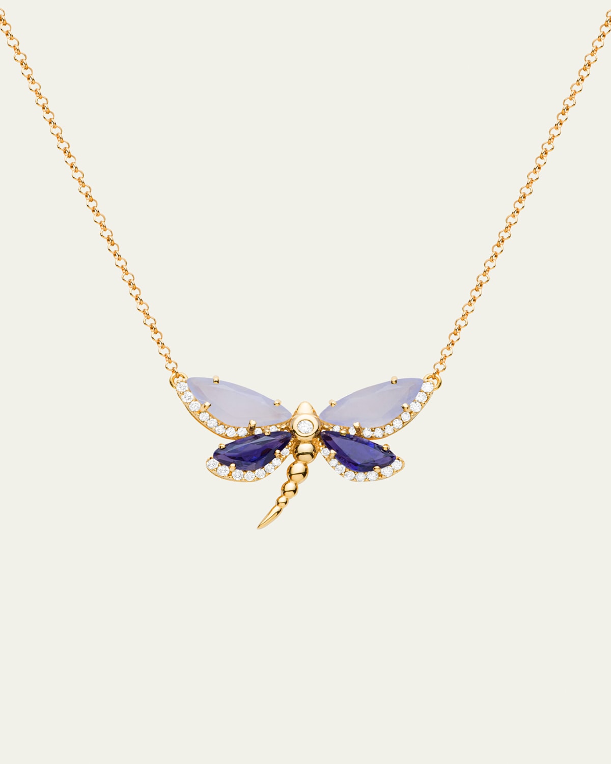 18K Rose Gold Medium Dragonfly Necklace with Chalcedony, Iolite and Diamonds