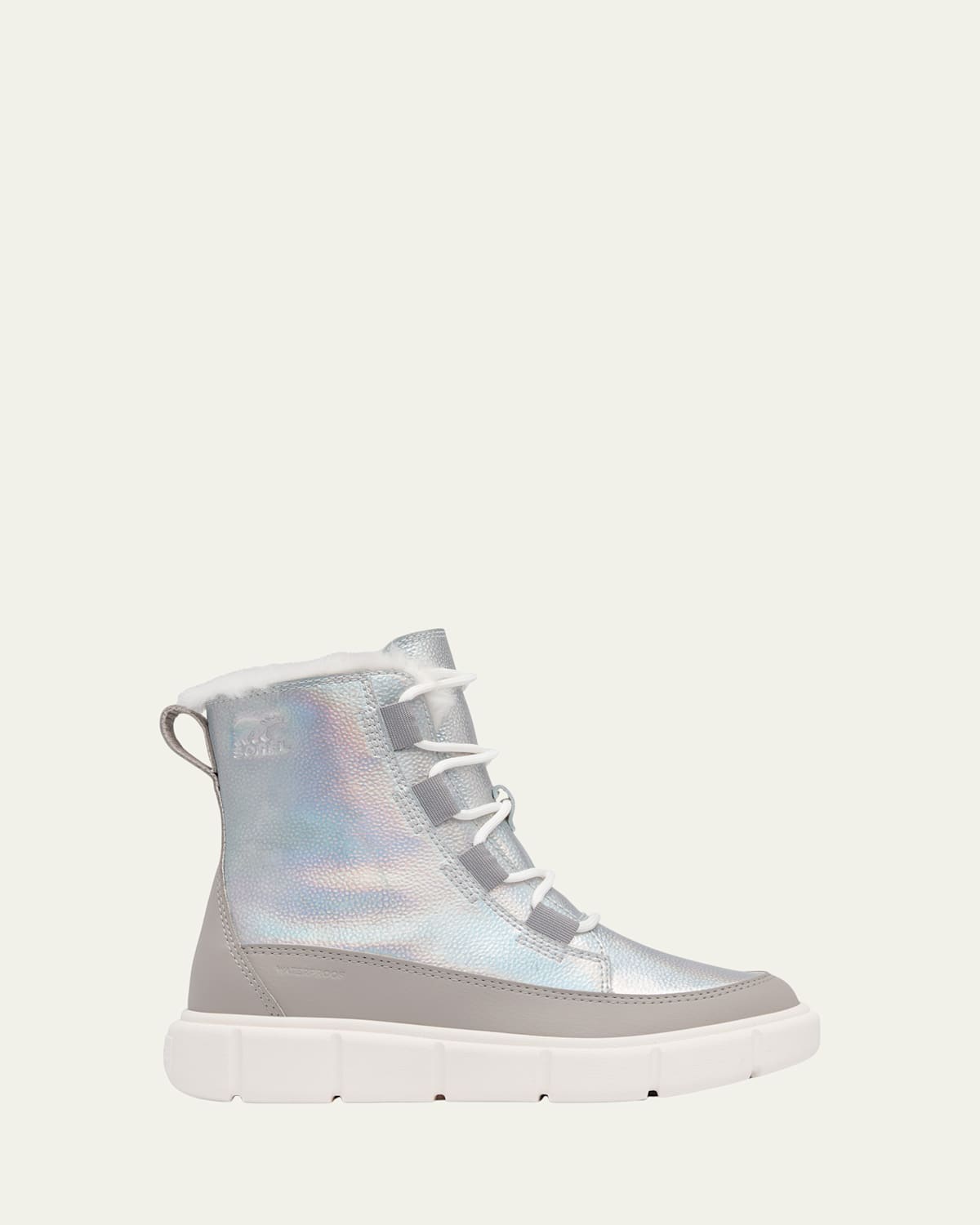 Sorel Kid's Explorer Iii Iridescent Calf Suede Boots, Kids In Pure Silver Chrome Grey