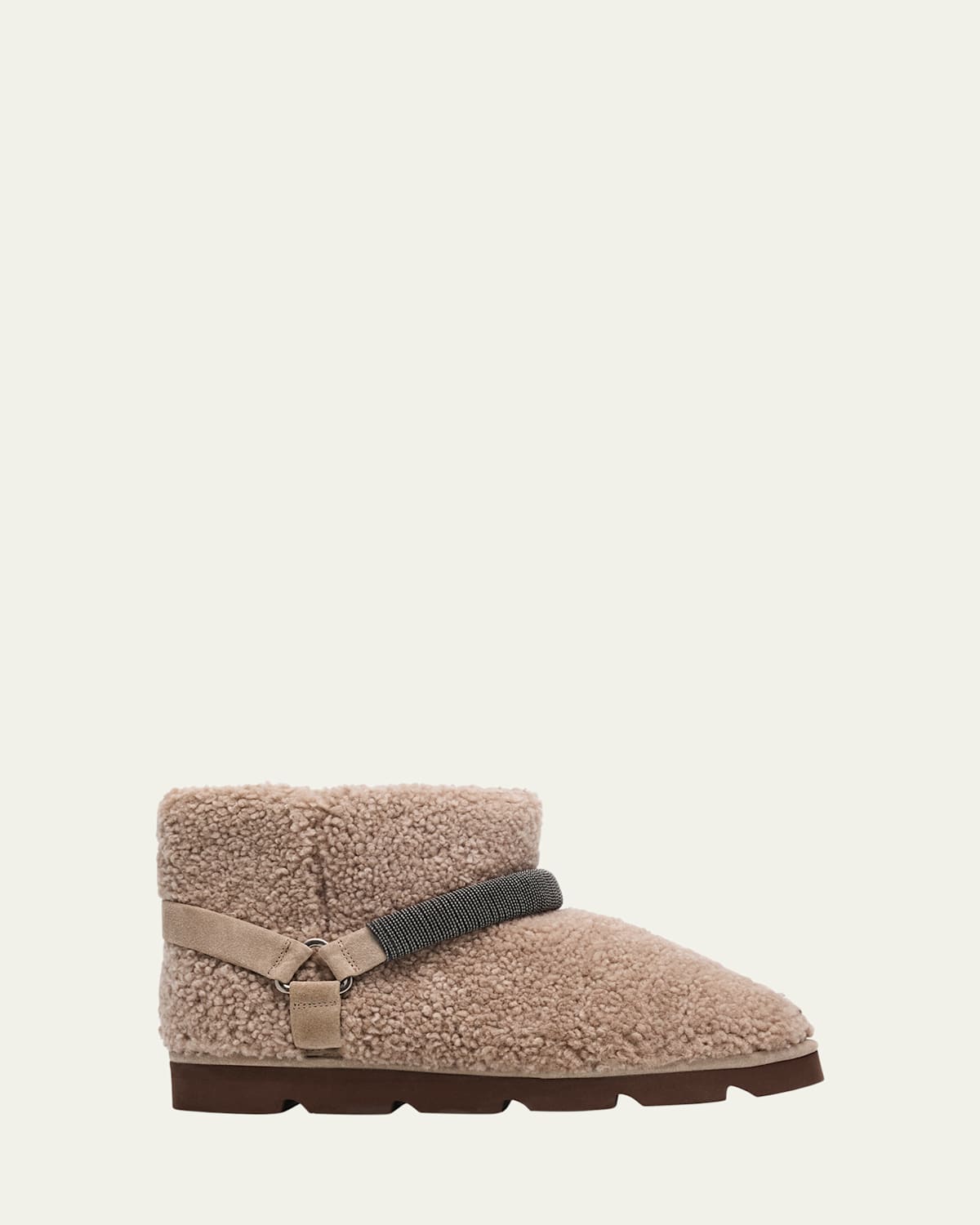 Brunello Cucinelli Shearling Bootie With Monili Strap Detailing In Brown