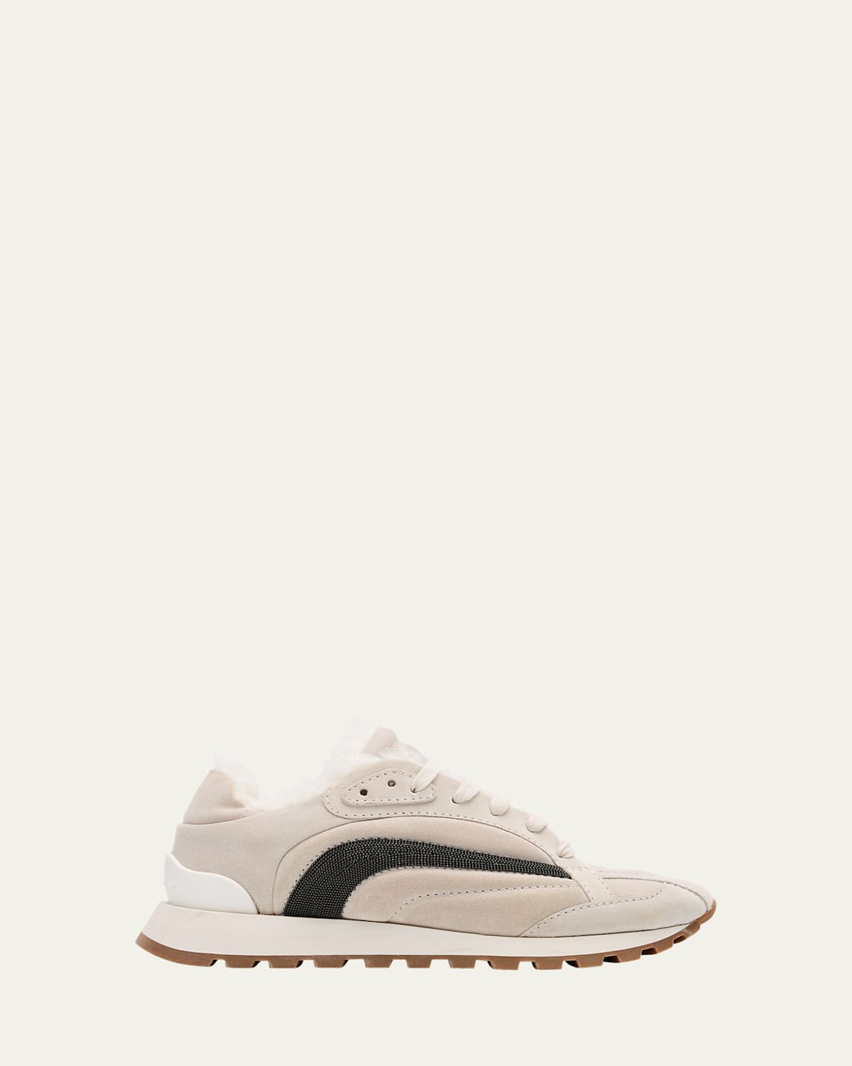 Brunello Cucinelli Suede Lace Up Sneaker With Shearling Lining In Stone