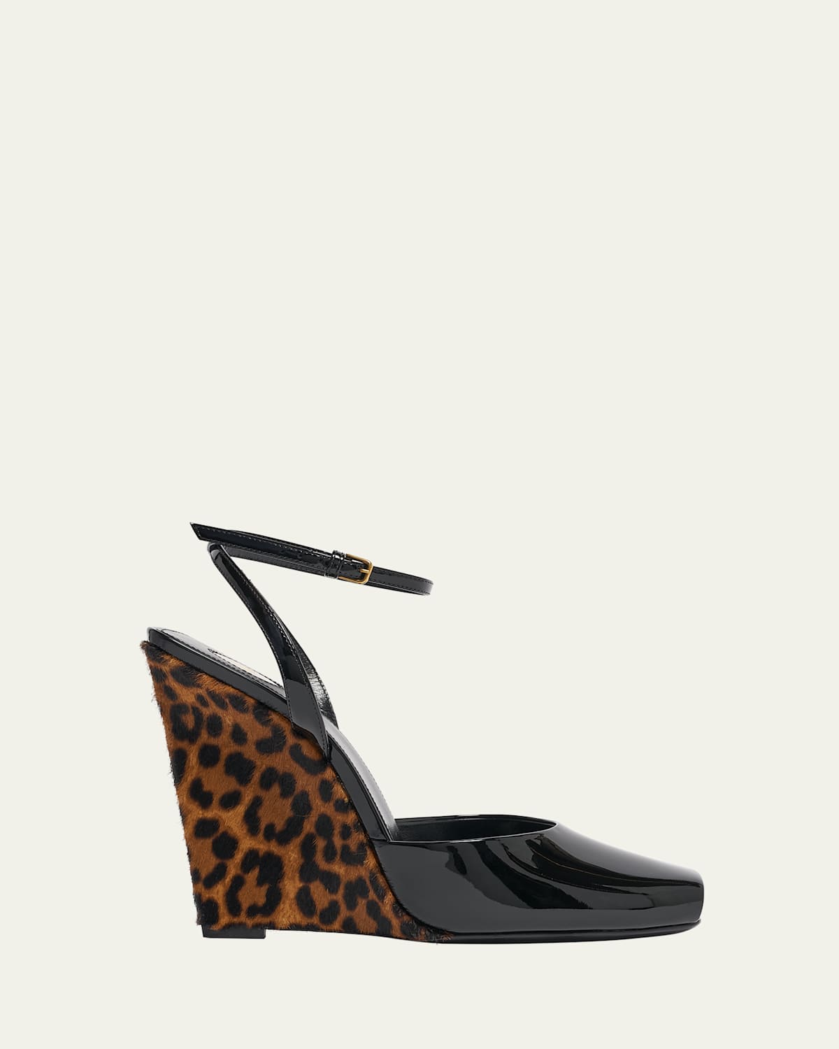 Shop Saint Laurent Le Scandale Patent Leopard Wedge Sandals In Nero