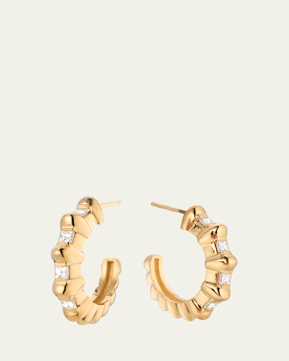 18K Yellow Gold Bubble Bar Single-Row Carre Diamond Hoop Earrings