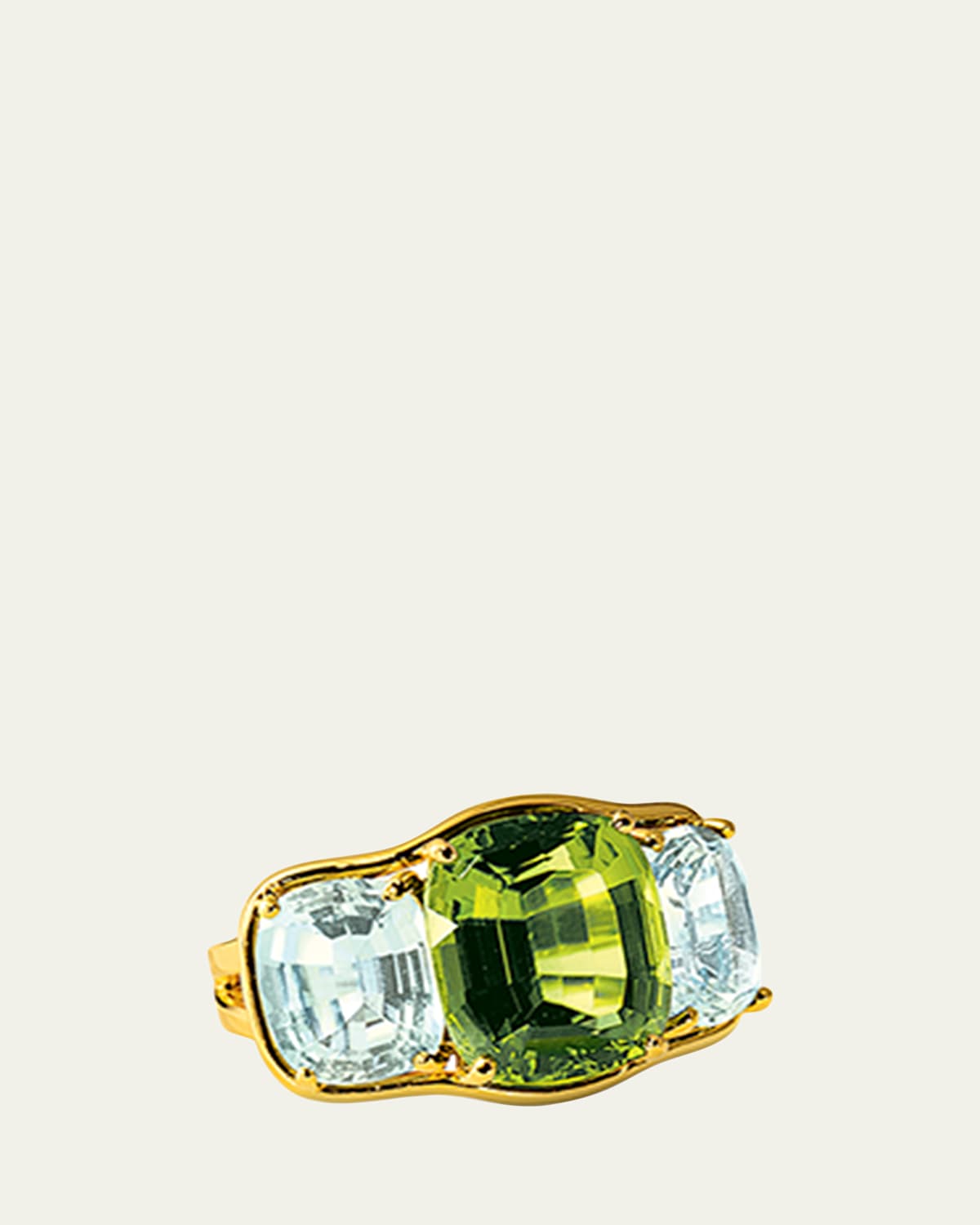 18K Yellow Gold Peridot and Blue Topaz 3 Stone Ring, Size 6