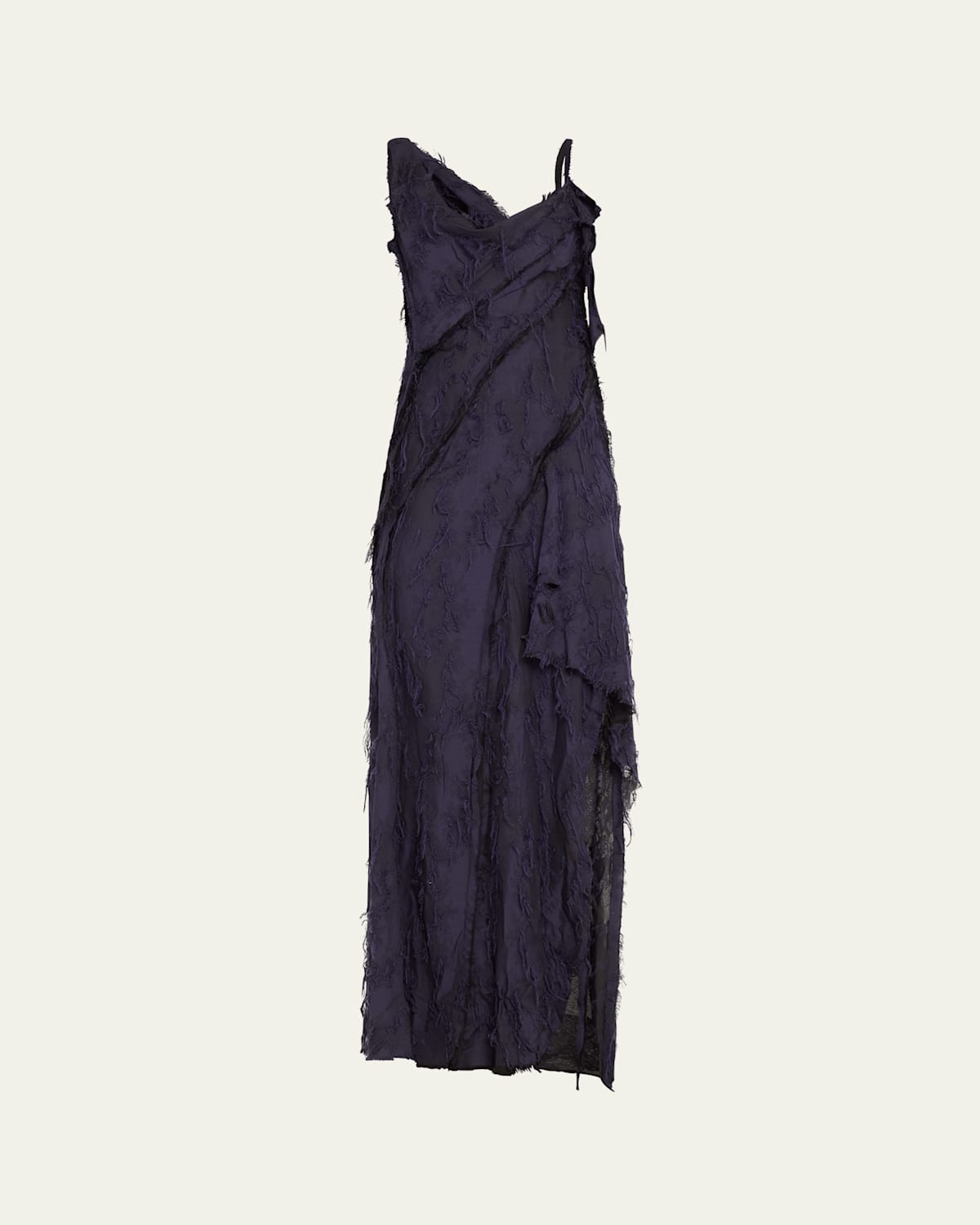 Frayed Jacquard Paneled Backless Bias Gown With Raw Edges
