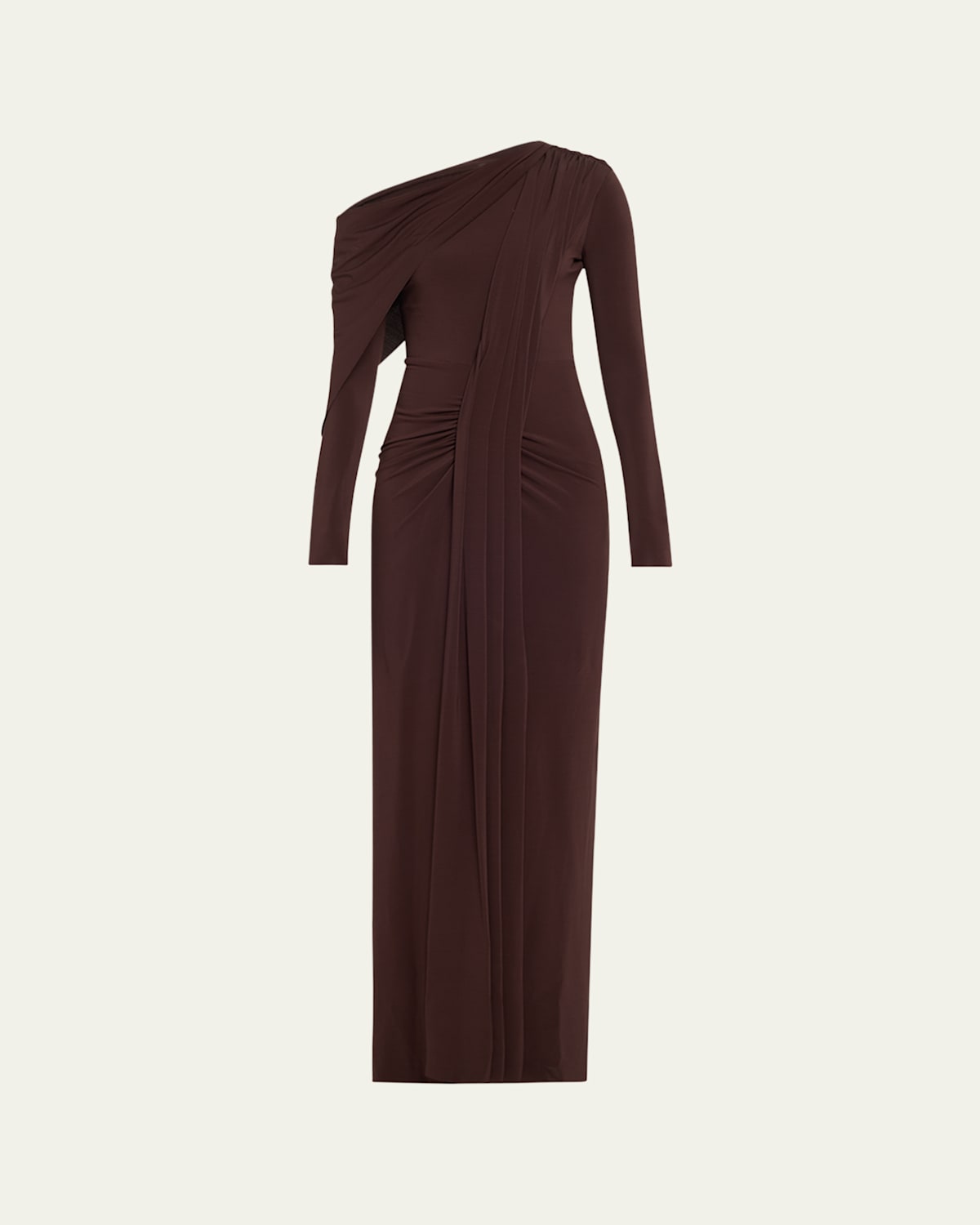One-Shoulder Long-Sleeve Draped Gown