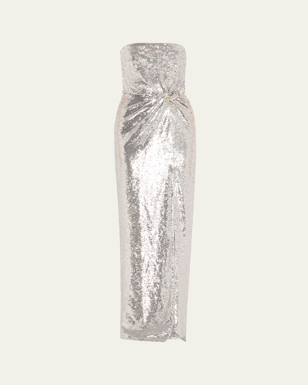 Roland Mouret Sequined Strapless Buckle Gown In Silver