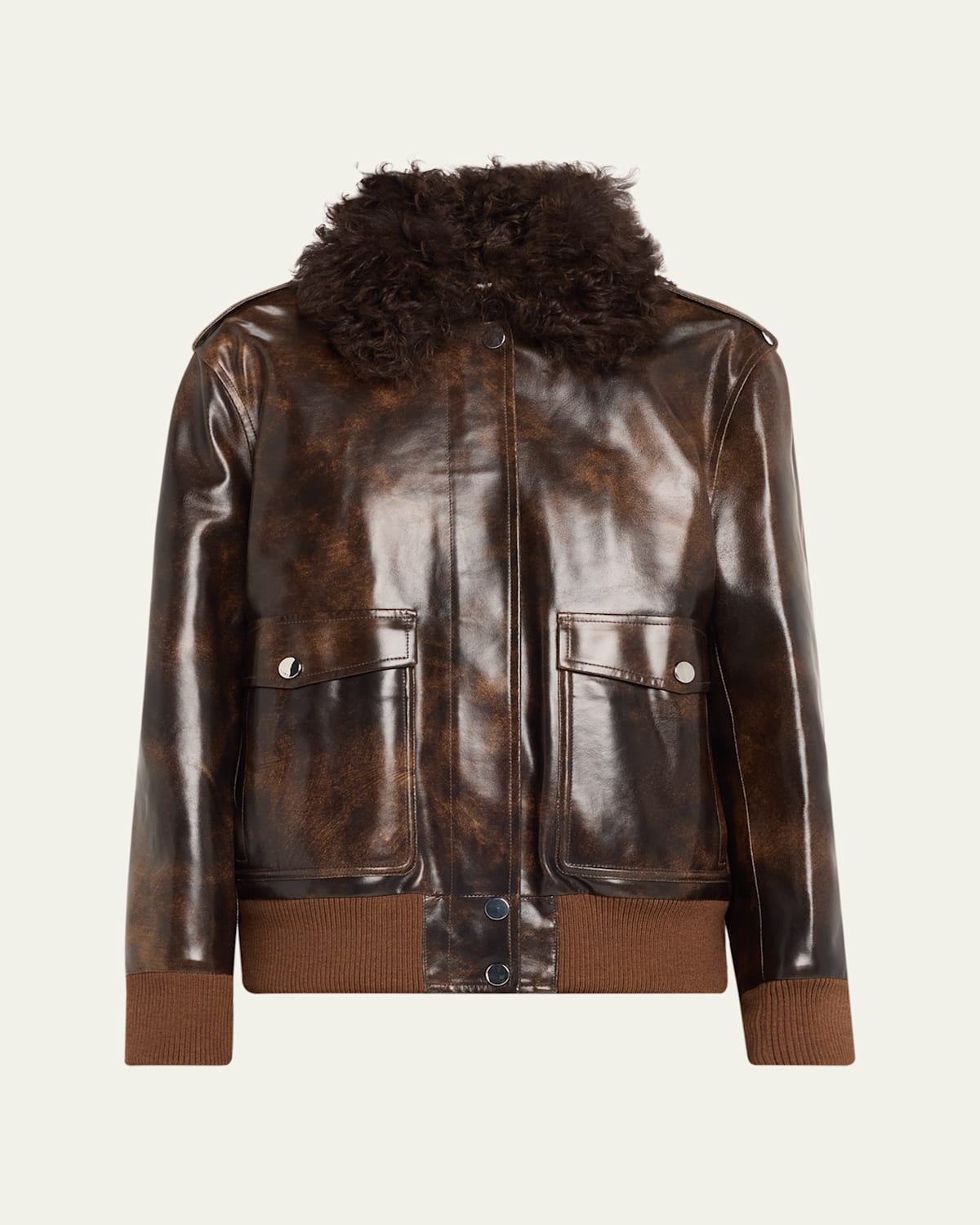 Shearling Collar Leather Bomber Jacket