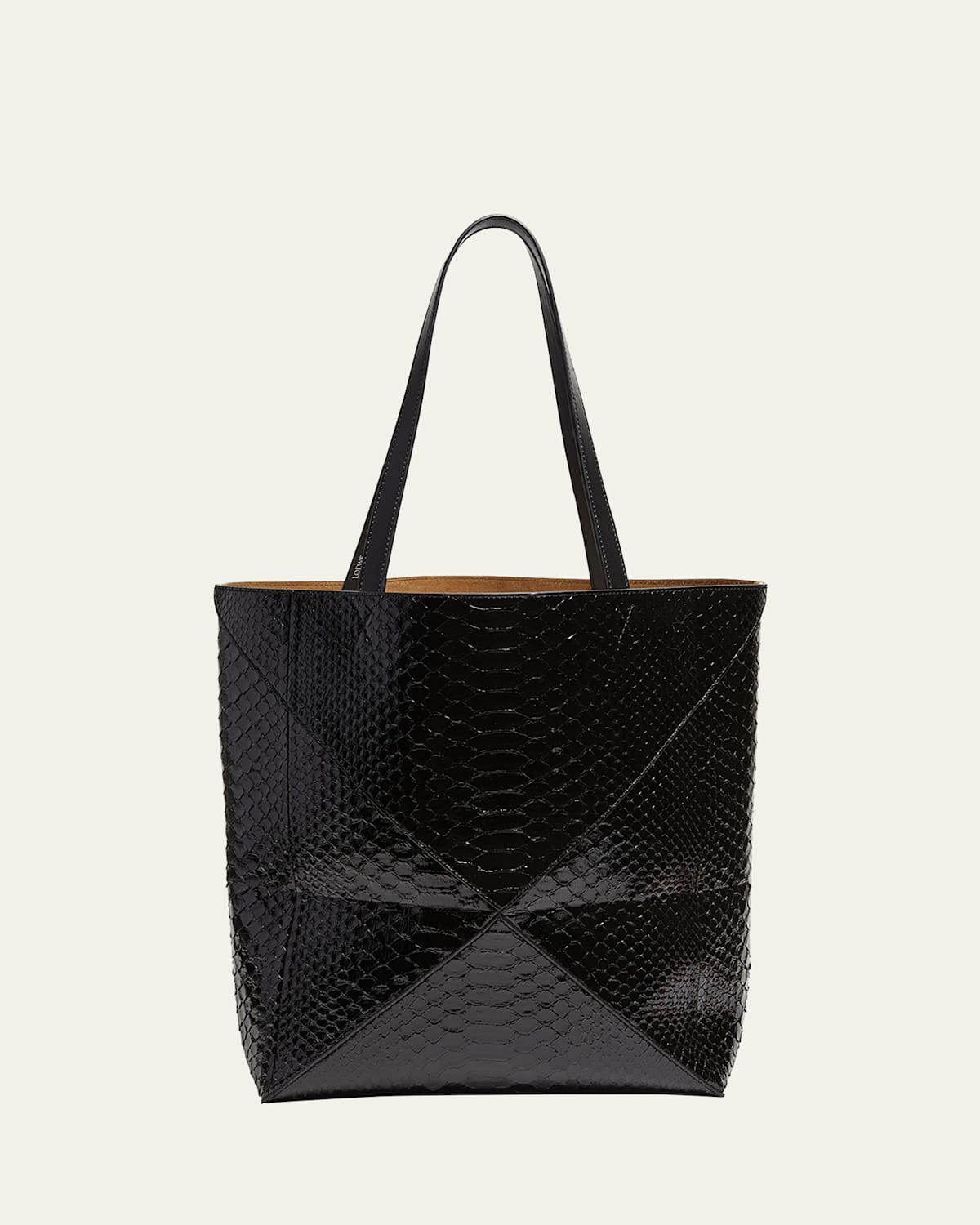 Loewe Puzzle Fold Large Patent Python-embossed Tote Bag In Black