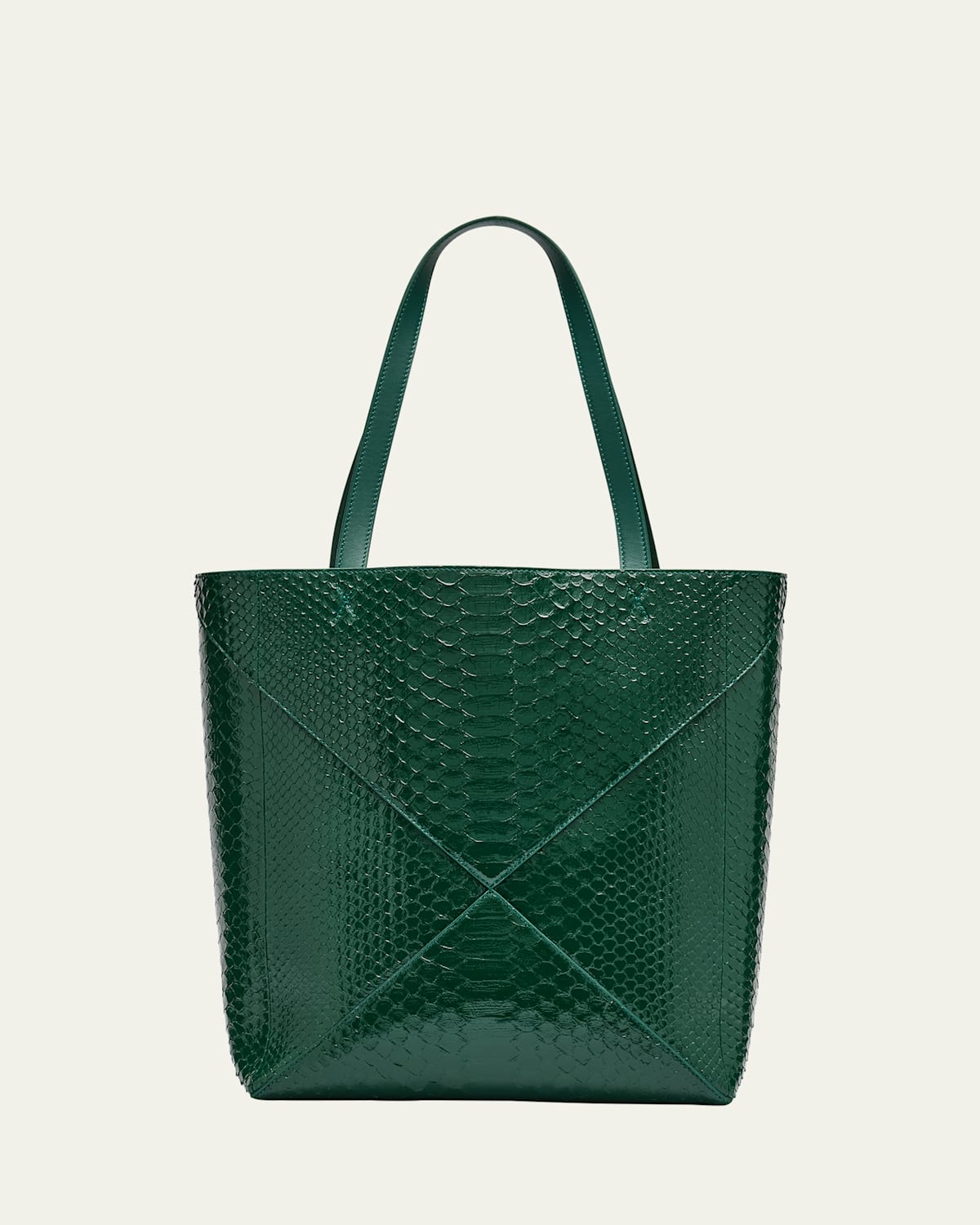 Loewe Puzzle Fold Large Patent Python-embossed Tote Bag In Emerald Green