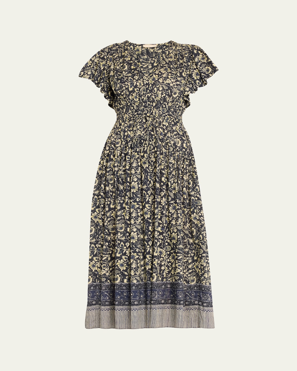 Ulla Johnson Lyria Flutter-sleeve Floral Midi Dress In Raven