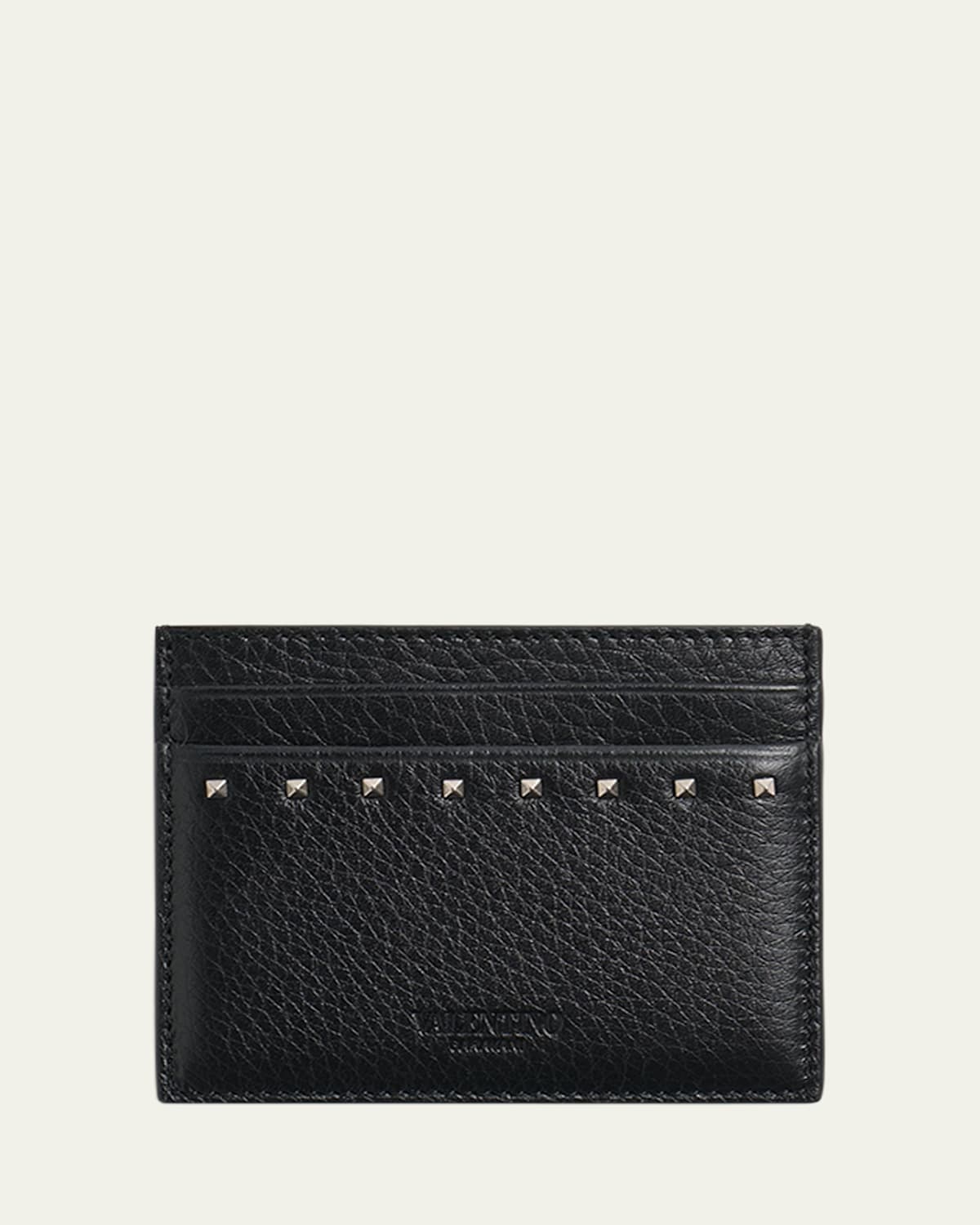 Valentino Men's Leather Rockstud Card Holder In Nero