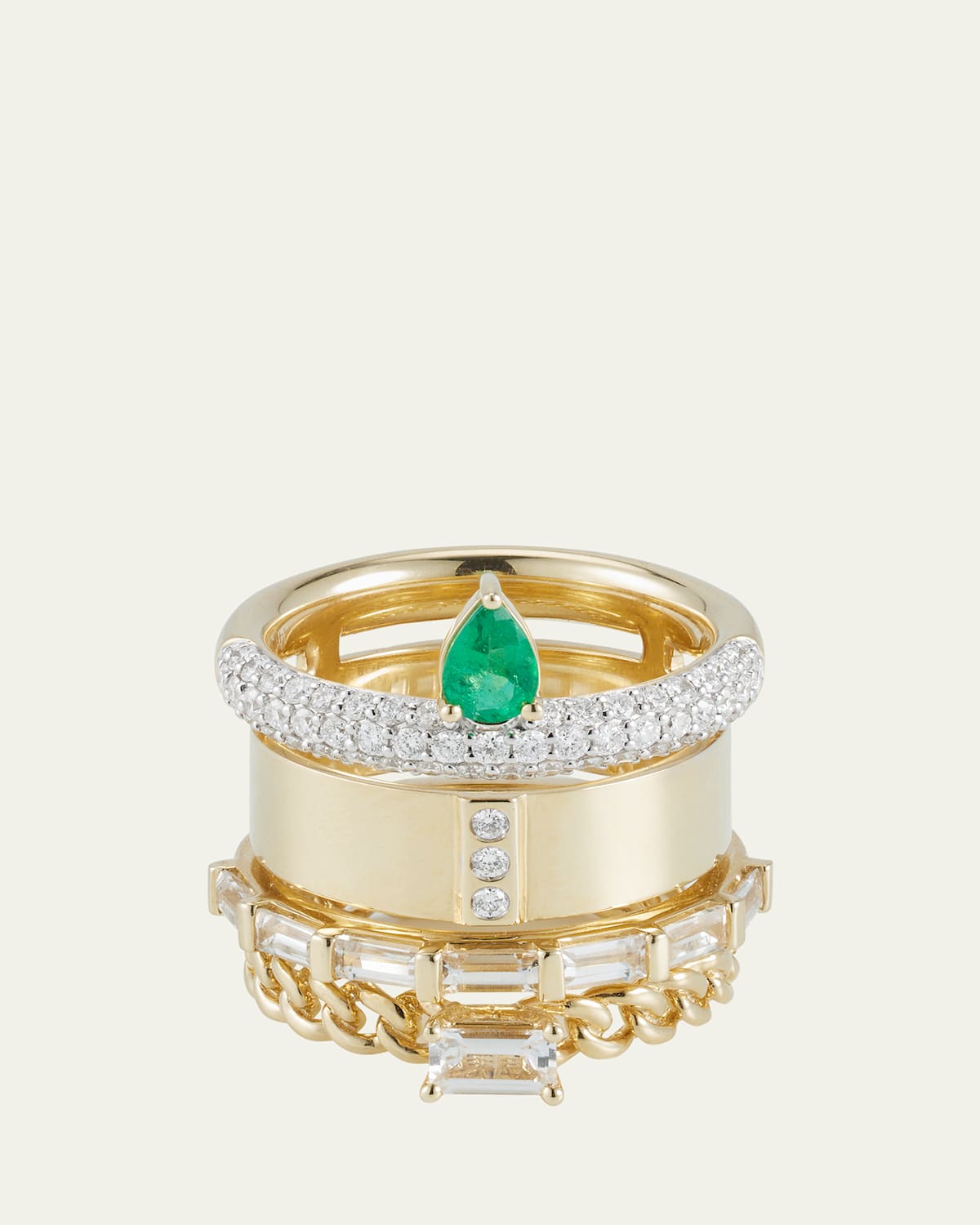 14K Yellow Gold The Type Stack Pave Diamond Ring with Emerald and White Sapphires