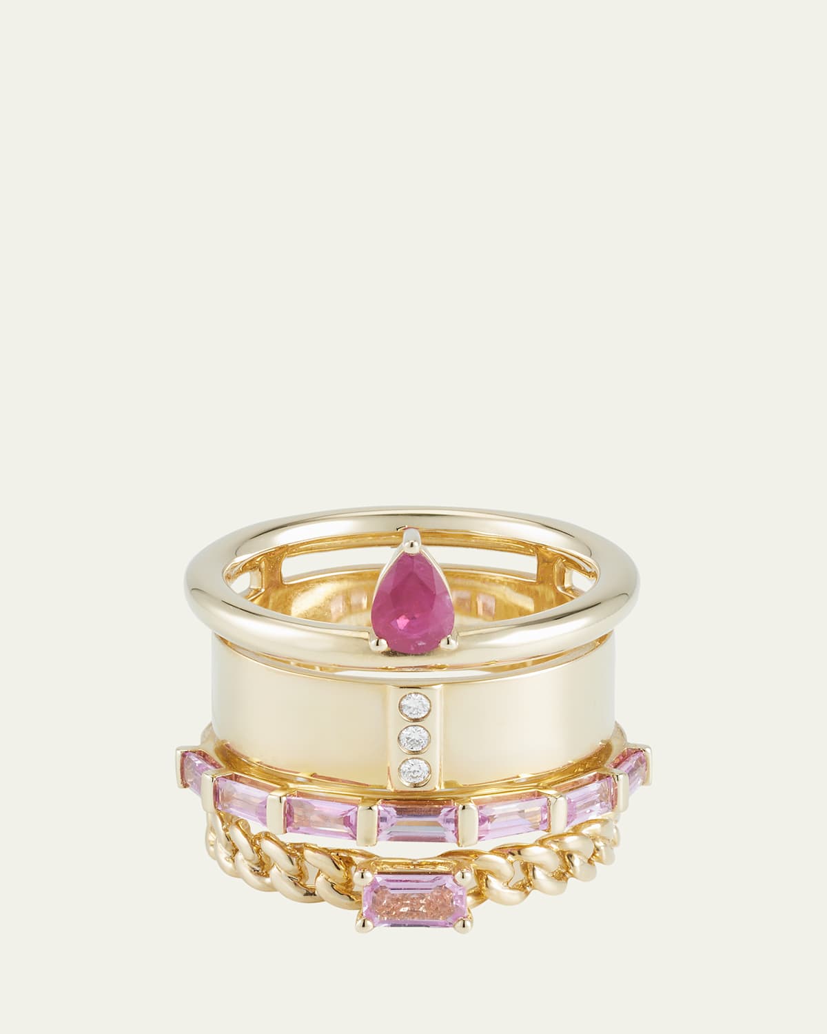 14K Yellow Gold The Type Pink Stack Diamond Ring with Ruby and Sapphires
