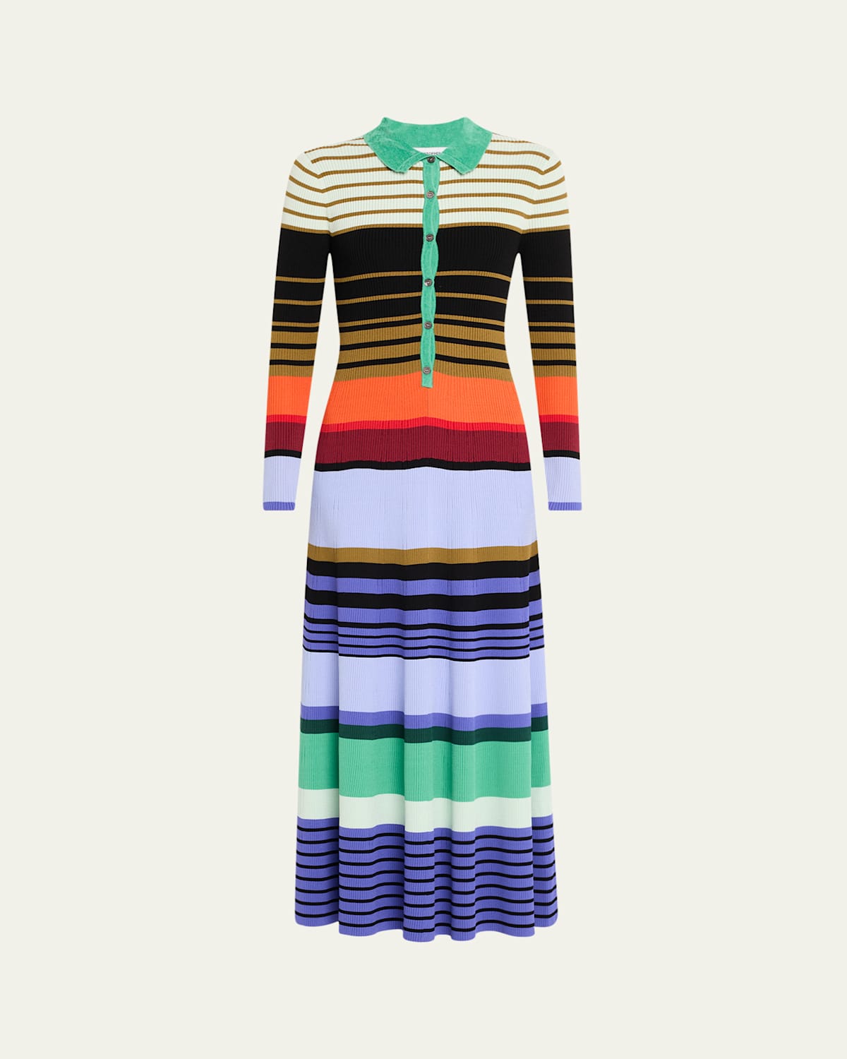 Stripe Ribbed Long Sleeve Maxi Polo Dress