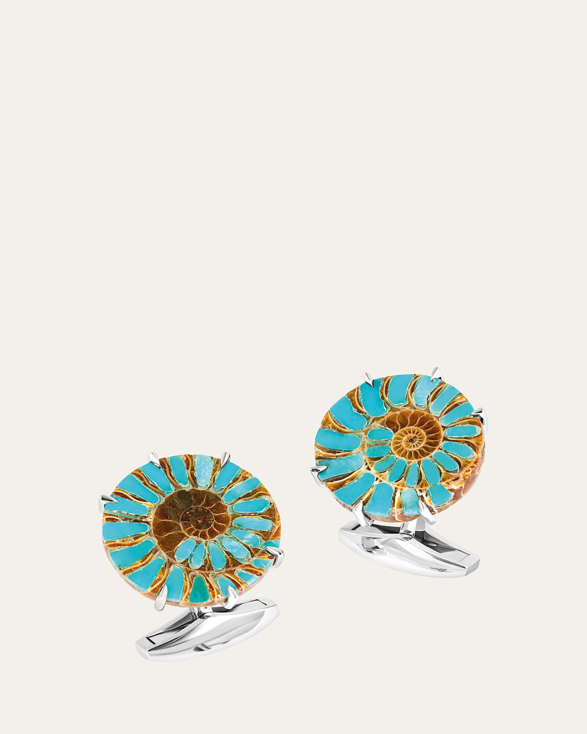 Men's Limited Edition Ammonite Cufflinks in Rhodium Silver with Turquoise