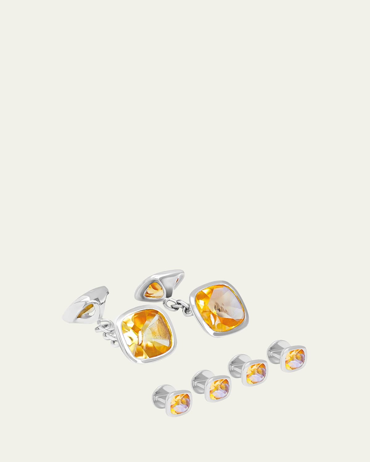 Men's Silver Citrine Cufflinks and Shirt Studs Set