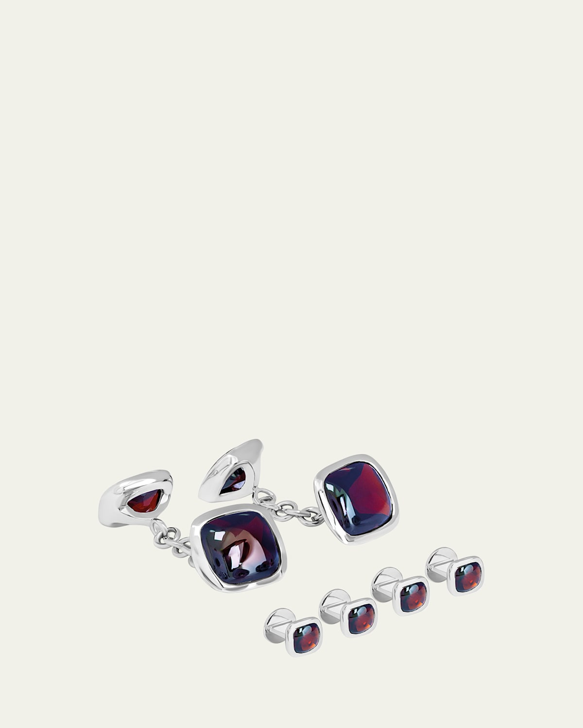 Men's Silver Red Garnet Cufflinks and Shirt Studs Set