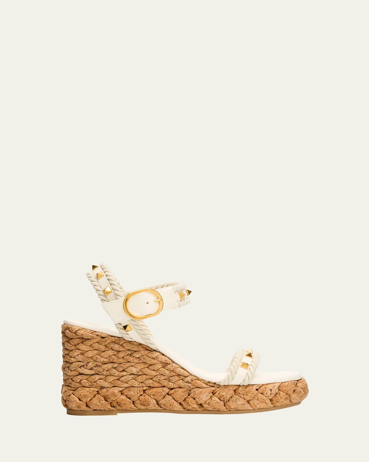Valentino Rockstud 100 Leather Wedge Sandal In White