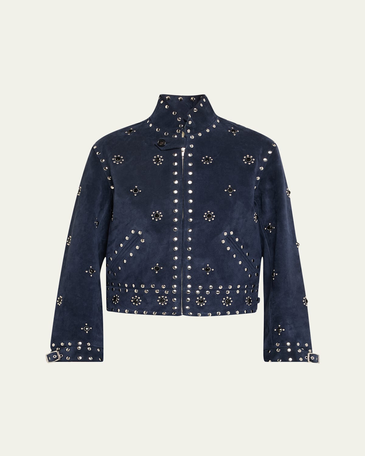 Shop Bode Howard Studded Suede Jacket In Dark Navy