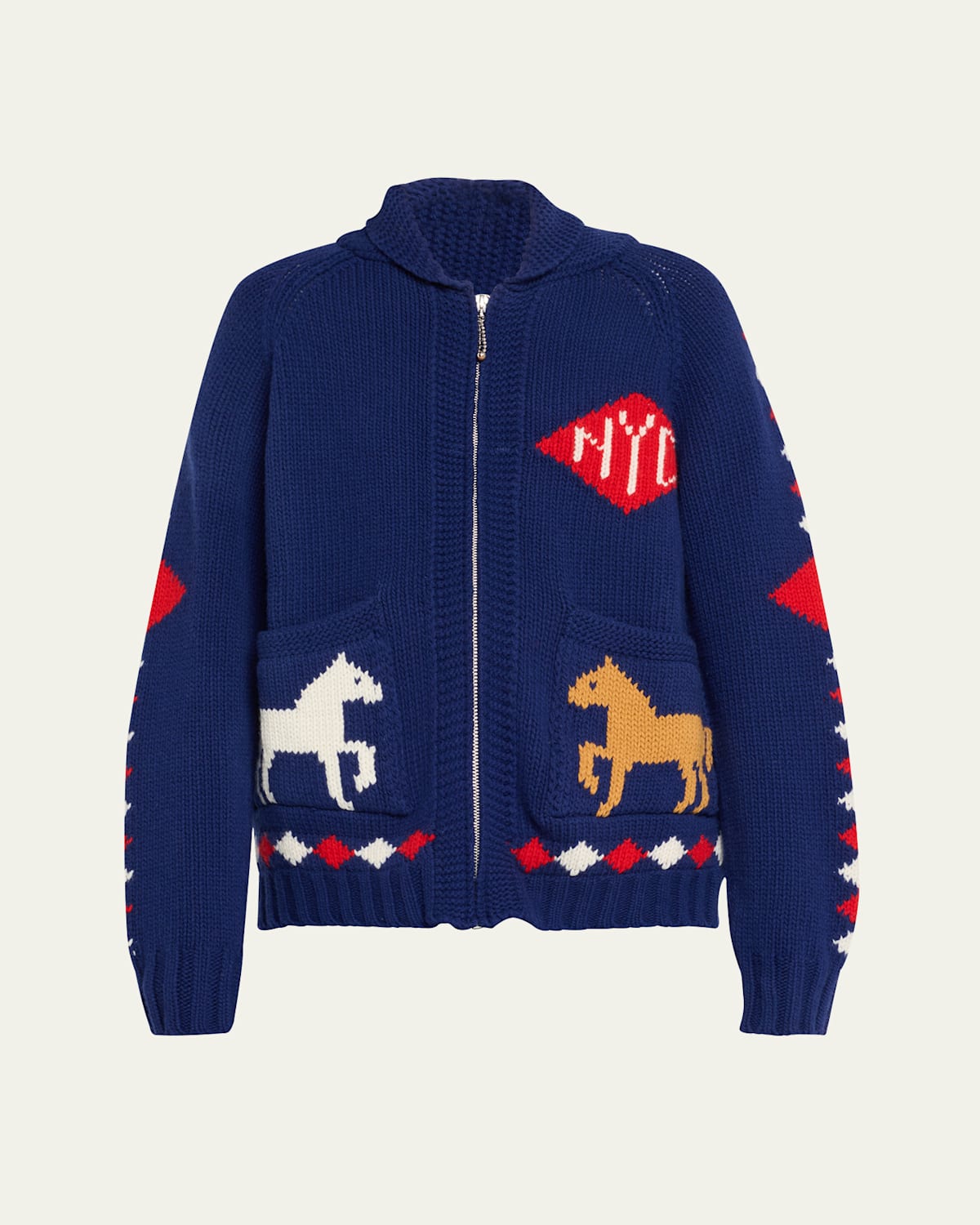 Bode Navy Diamond Corral Cardigan In Blmlt