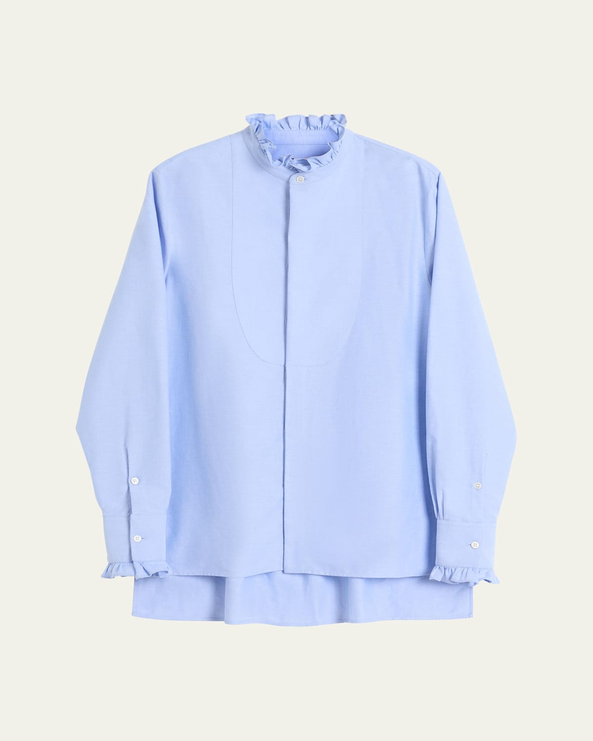 Valentino Cotton Shirt With Plastron And Ruffles In Lt Blue