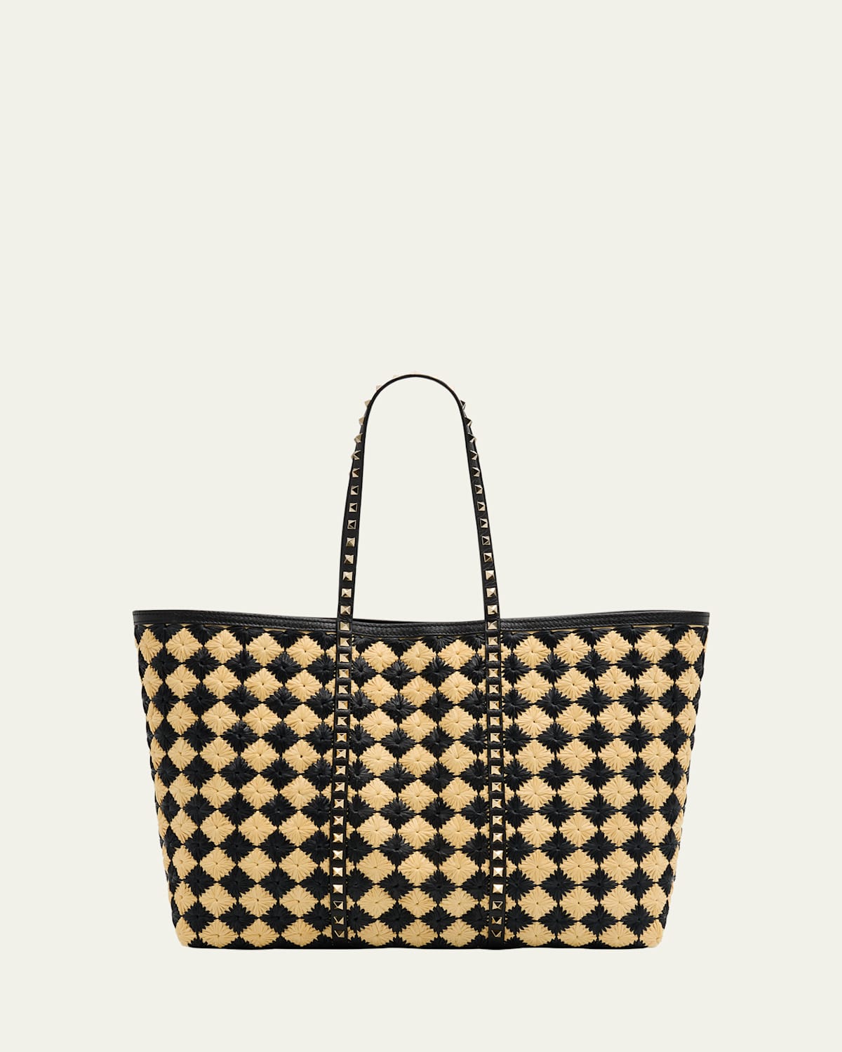 Valentino Women's Embroidered Raffia Rockstud Shopping Bag In Naturale Nero