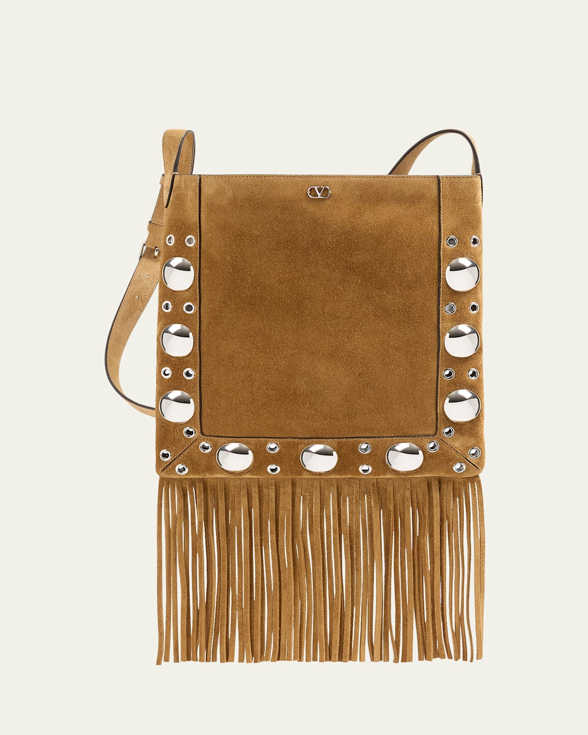 Valentino Nellcote Fringe Studded Suede Crossbody Bag In Havana Beige