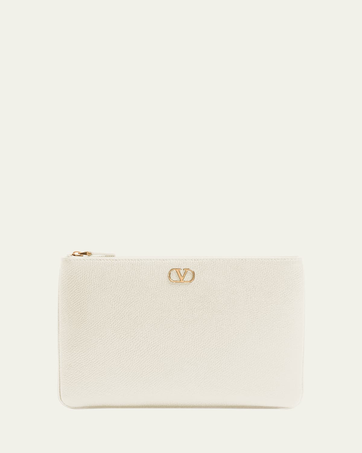 Valentino Medium Vlogo Leather Flat Pouch Bag In Light Ivory