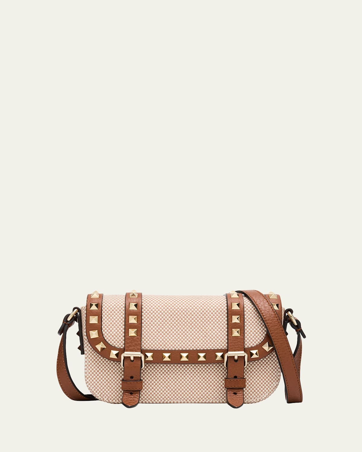 Valentino Rockstuds Buckle Flap Canvas Crossbody Bag In Naturale-tobaccoselleria