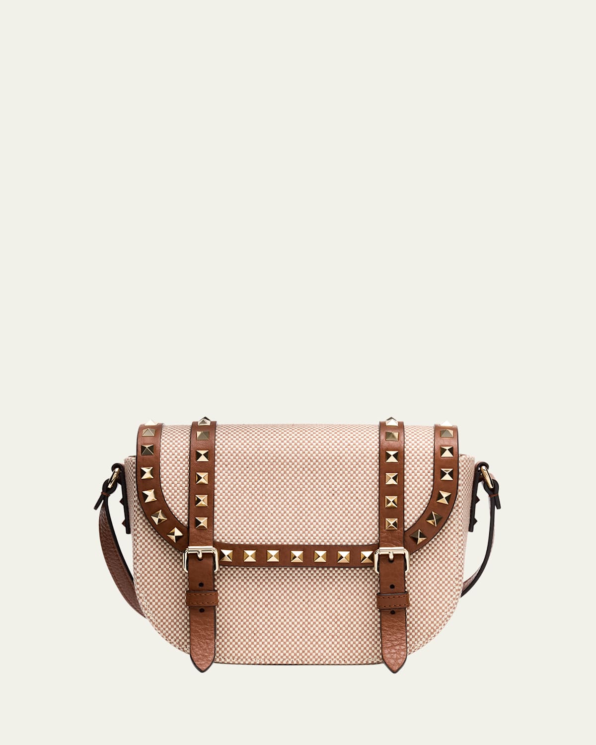 Valentino Small Rockstud Canvas Saddle Crossbody Bag In Naturale Tobacco Selleria