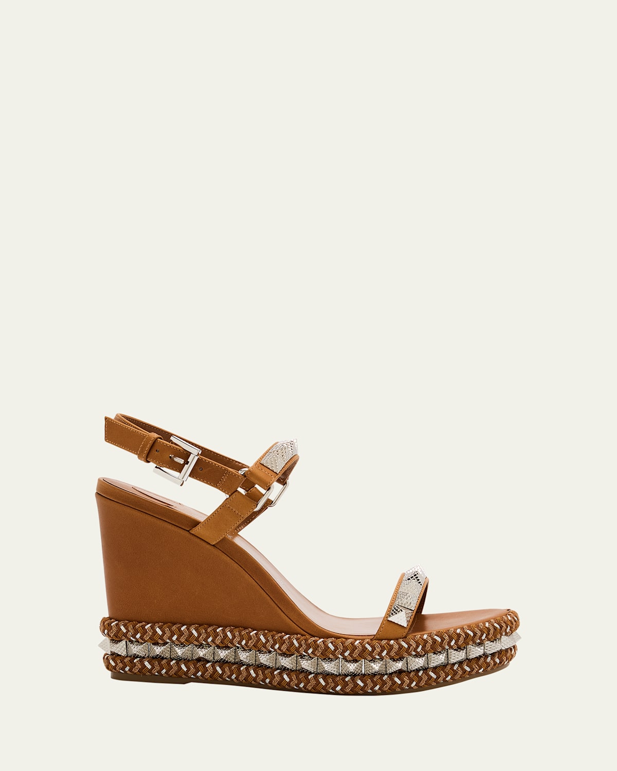 Christian Louboutin Pyraclou Leather Spike Red Sole Wedge Sandals In Terra