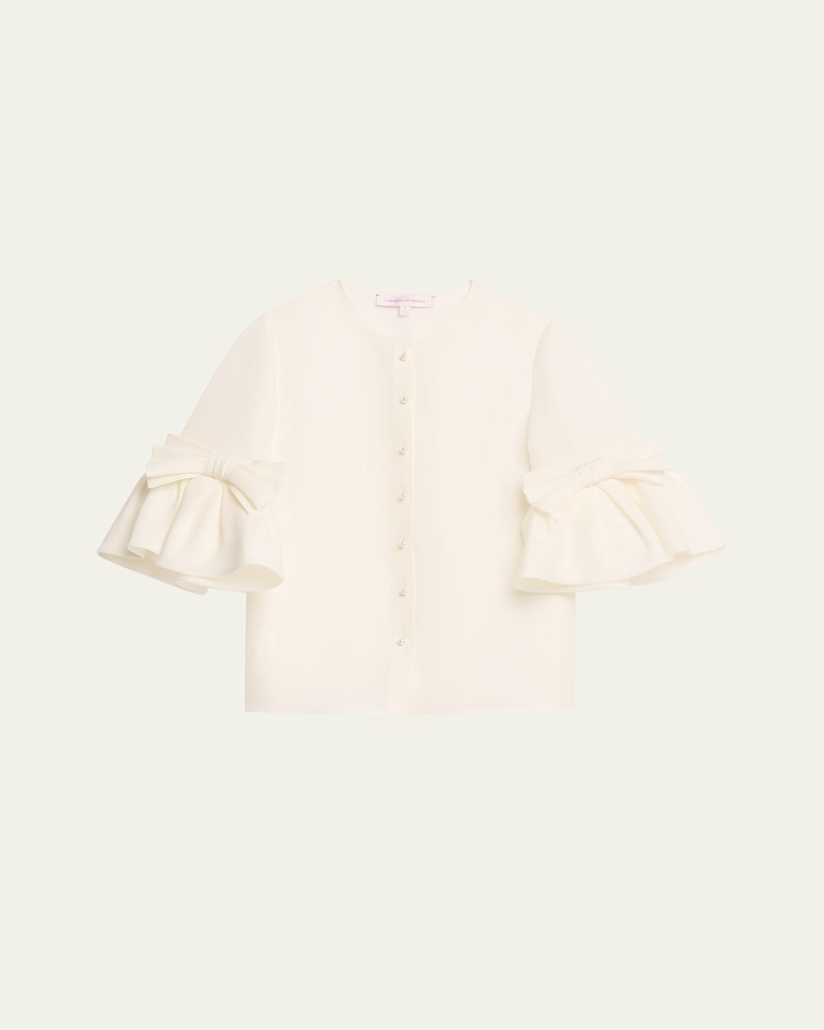 Carolina Herrera Pearly Button Bow Ruffle-sleeve Silk Top In Ivory